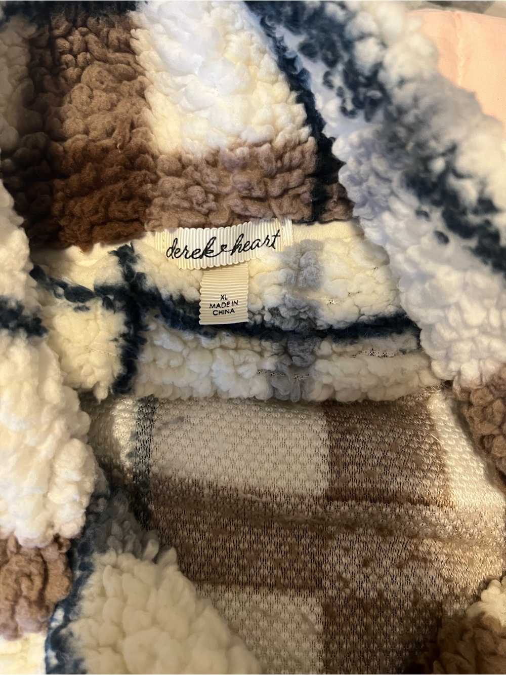 Derek Heart Plush Sherpa Plaid Jacket - Cream, Brown & Charcoal